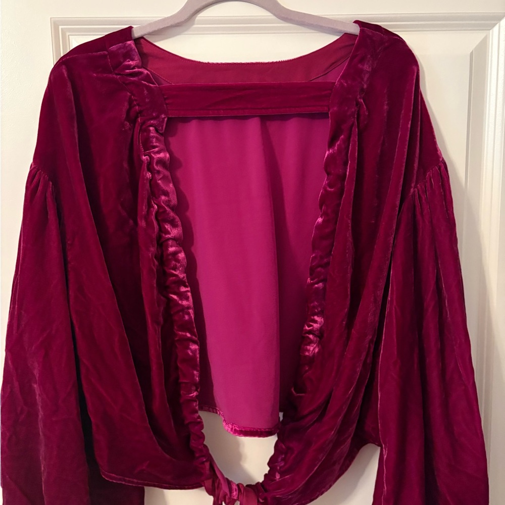 Free People Velvet Balloon-Sleeve Top in Magenta - Picture 8 of 8